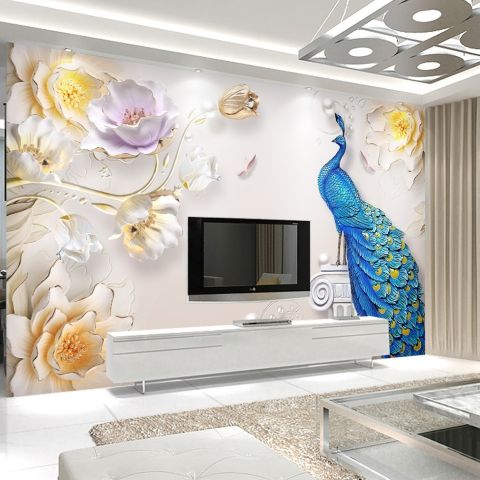 3D Embossed Look Tulip Floral with Peacock Wallpaper Mural