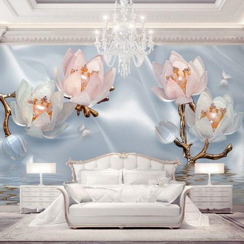 Pearl Lotus Flower and Little Butterfly Wallpaper Mural