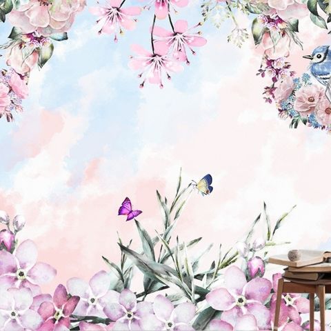 Watercolor Pink Floral Garden Wallpaper Mural
