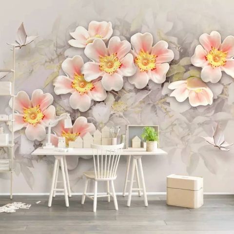 Pink Flower and White Butterfly Wallpaper Mural