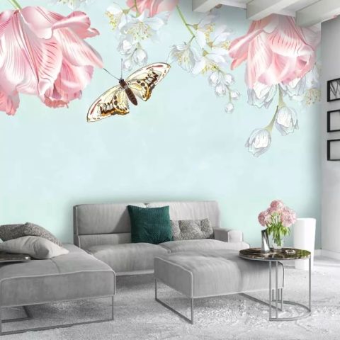 Pink Floral and Yellow Butterfly Wallpaper Mural