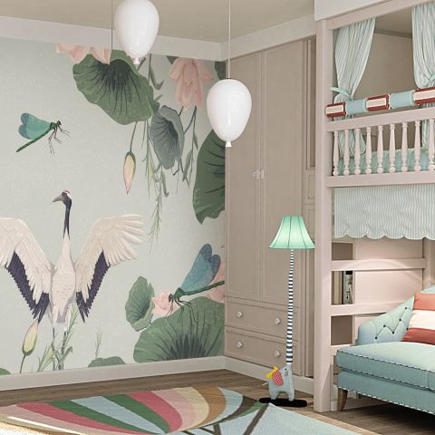 Pink Lotus Flower and White Stork Wallpaper Mural