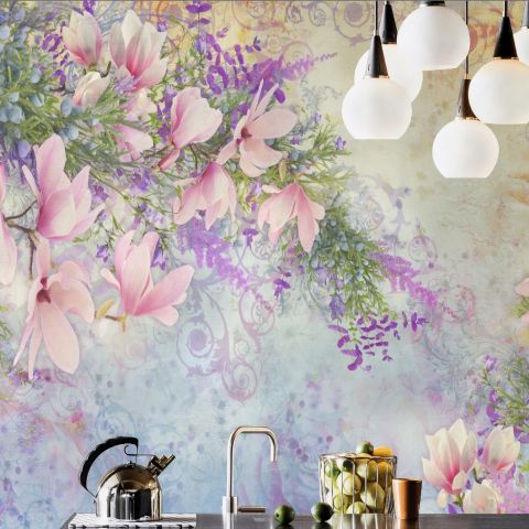 Pink Magnolia Florals and Purple Blossom Wallpaper Mural