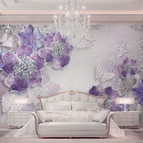 Purple Swarovski Floral with Little Butterfly Wallpaper Mural