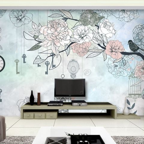 Hanging Keys on Floral Tree Wallpaper Mural