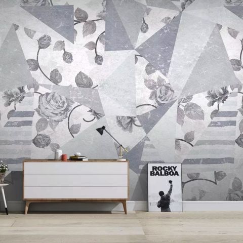 Rose Floral with Geometric Pattern Wallpaper Mural