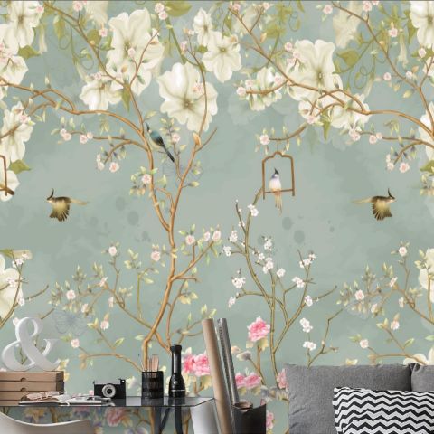Soft Chinese White Florals with Birds Wallpaper Mural