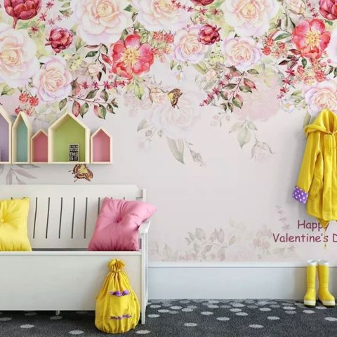 Pink Flowers and Butterflies Wallpaper Mural