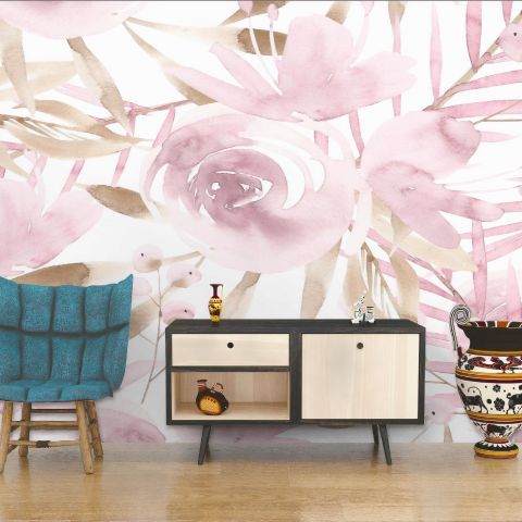 Soft Pink Peony Floral with Brown Leaves Pattern Wallpaper Mural