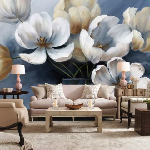 Oil Painting Soft Tulip Floral Art Wallpaper Mural