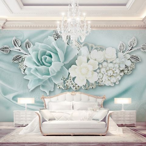 Turquoise Floral White Daisy Wallpaper Mural