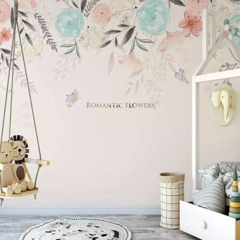 Vintage Soft Blue Vine Flowers Wallpaper Mural