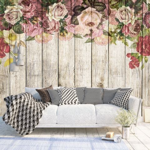 Vintage Floral with Wood Wall Wallpaper Mural • Wallmur®