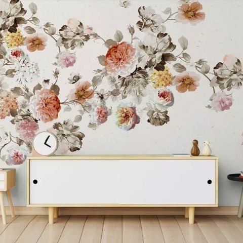 Vintage Orange Brown Flowers Wallpaper Mural