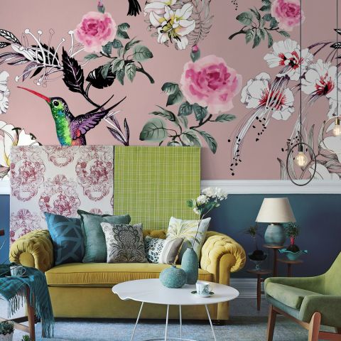 Vintage Pink Floral with Little Birds Wallpaper Mural