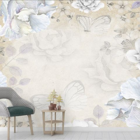 Vintage Watercolor Peony Floral with Butterfly Wallpaper Mural
