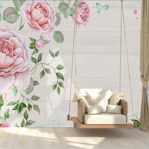 Watercolor Pink Rose Floral with Bird Wallpaper Mural