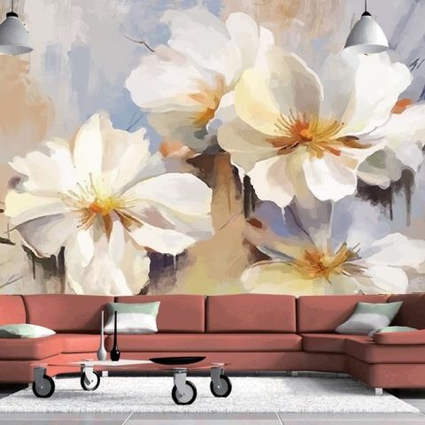 Oil Painting White Floral Wallpaper Mural