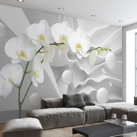 White Orchid Floral with Abstract Stripe Wallpaper Mural