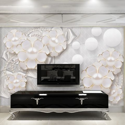 3D Look White Pearl Flower Wallpaper Mural