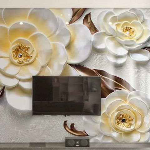 3D Embossed Look Yellow Floral Wallpaper Mural