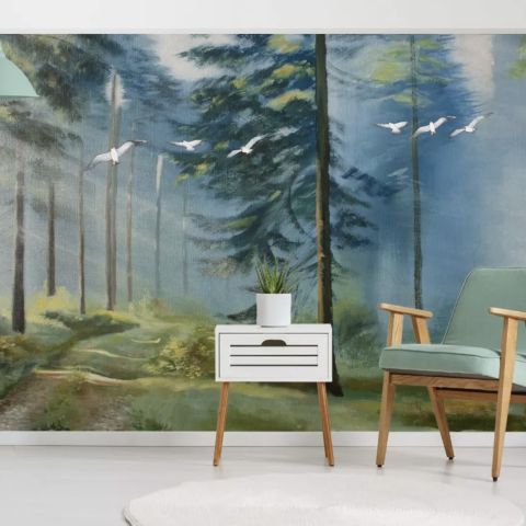 Watercolor Painting Misty Forestscape Wallpaper Mural