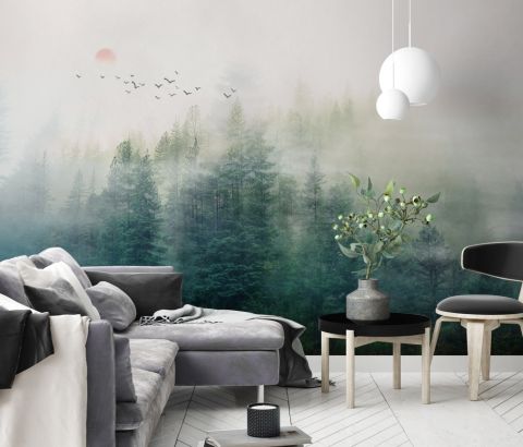 Misty Forest and Sunrise Wallpaper Mural