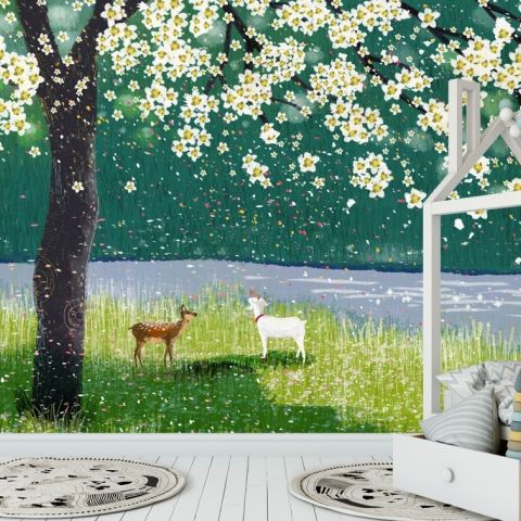 Watercolor Forest with Peach Blossom Wallpaper Mural