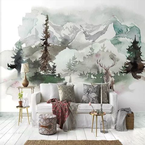 Winter Forest and Horned Deer Wallpaper Mural