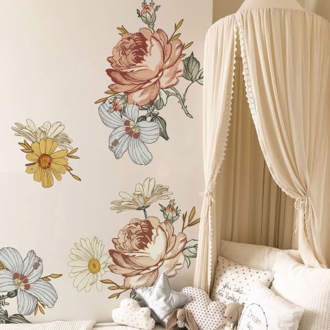 Nursery Soft Vintage Peony Floral Wall Decal Sticker
