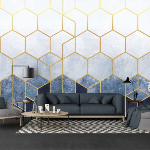 Geometric Dark Blue Honeycomb Wallpaper Mural
