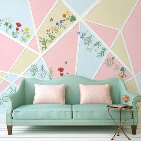 Flowery with Geometric Shapes Wallpaper Mural