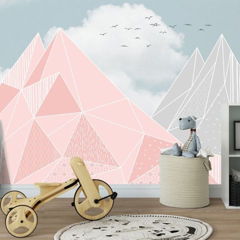 Pink Gray Polygonal Mountain Wallpaper Mural