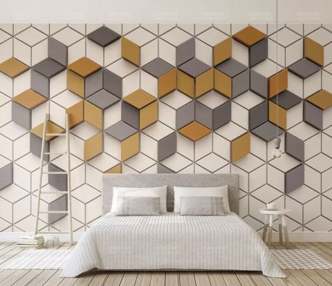 Yellow Gray Geometric Honeycomb Pattern Wallpaper Mural