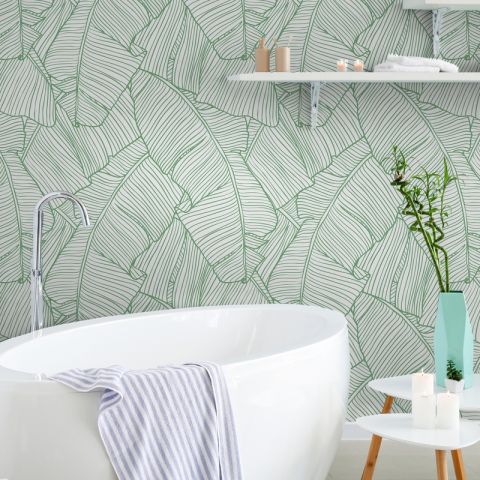 Banana Leaves Wallpaper, Palm Leaves Line Art Pattern Peel and Stick Wall  Mural.