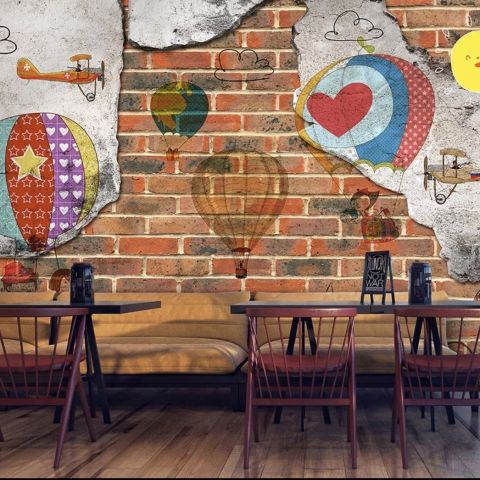 Hot Air Balloon with Young People on Brick Wallpaper Mural
