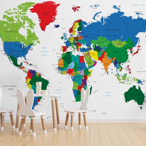 Kids Colorful Political World Map Wallpaper Mural