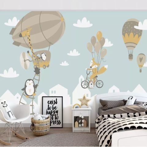 Big Air Balloon with Cute Animals Wallpaper Mural