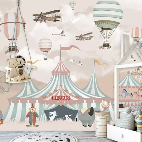 Kids Cartoon Circus with Hot Air Balloon Wallpaper Mural