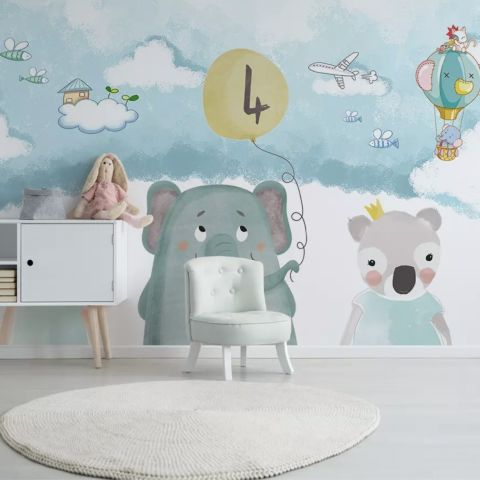 Cute Cartoon Animals with a Balloon Wallpaper Mural