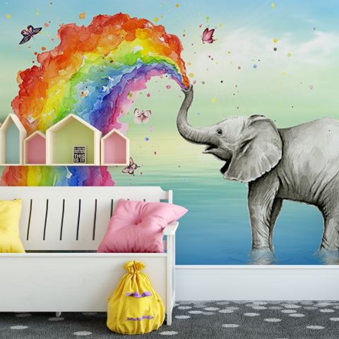 Kids Elephant with Watercolor Rainbow Wallpaper Mural