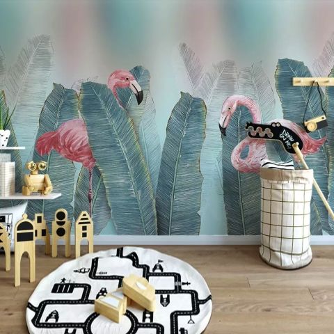 Banana Leaf and Flamingo Wallpaper Mural