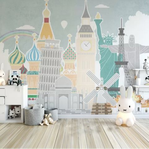 Kids Landmark Buildings Wallpaper Mural