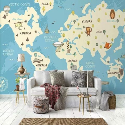 World Map with Animals Wallpaper Mural
