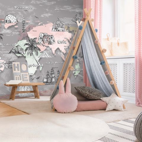 Kids World Map with Famous Landmarks Wallpaper Mural
