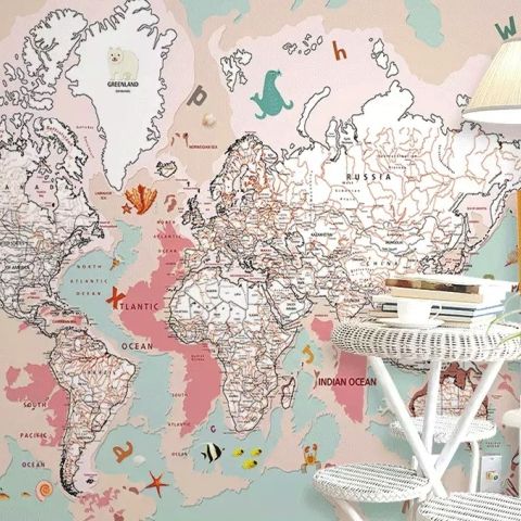 Pink Political World Map with Animals Wallpaper Mural