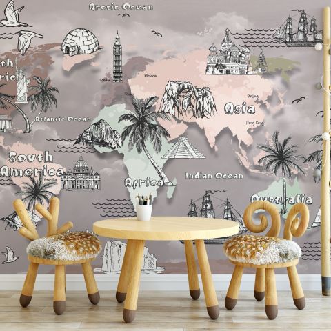 Kids World Map with Charcoal Famous Landmarks Wallpaper Mural