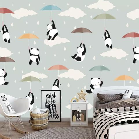 Kids Pandas With Colorful Umbrella Wallpaper Mural