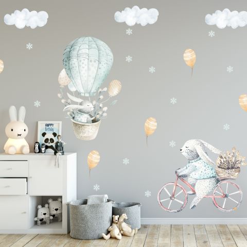 Kids Cartoon Rabbit with Balloons and Snowflake Wall Decal Sticker