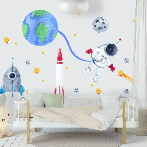 Kids Watercolor Space with Astronaut and Earth Wall Decal Sticker